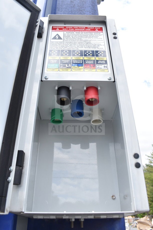 Electrical hookup panel for the 2021 Rock Solid Cargo 28ft food trailer. Includes high voltage warning and color-coded connectors.