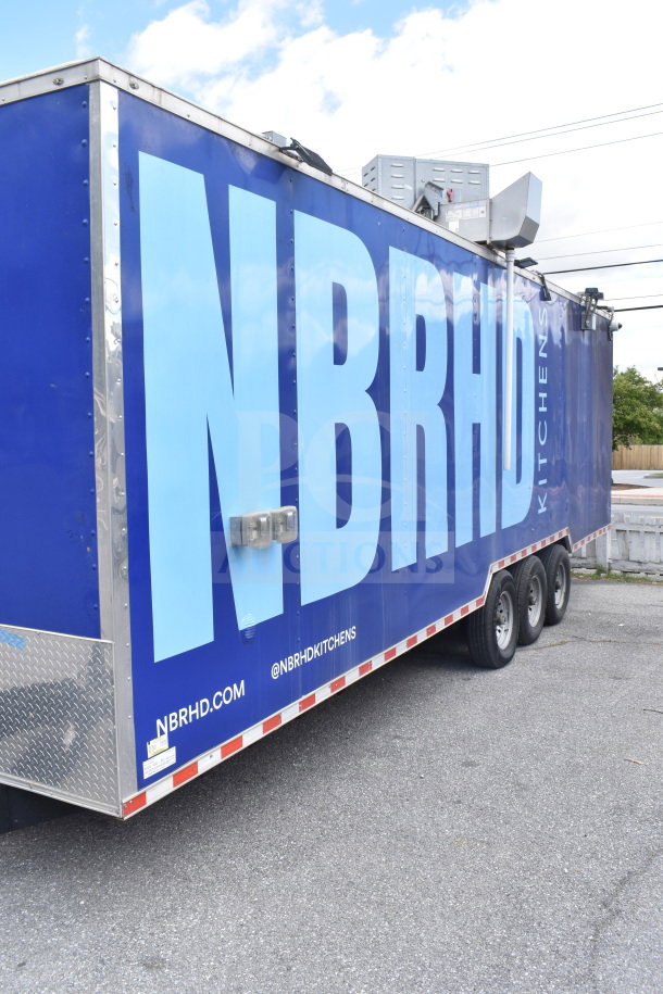 New 2021 Rock Solid Cargo 28ft food trailer with CaptiveAire hood, refrigeration, and Nieco charbroiler.