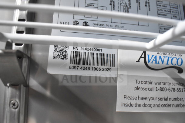 QR code and barcode with part number 9142460001 on Rock Solid Cargo trailer refrigeration unit. Avantco warranty info visible.