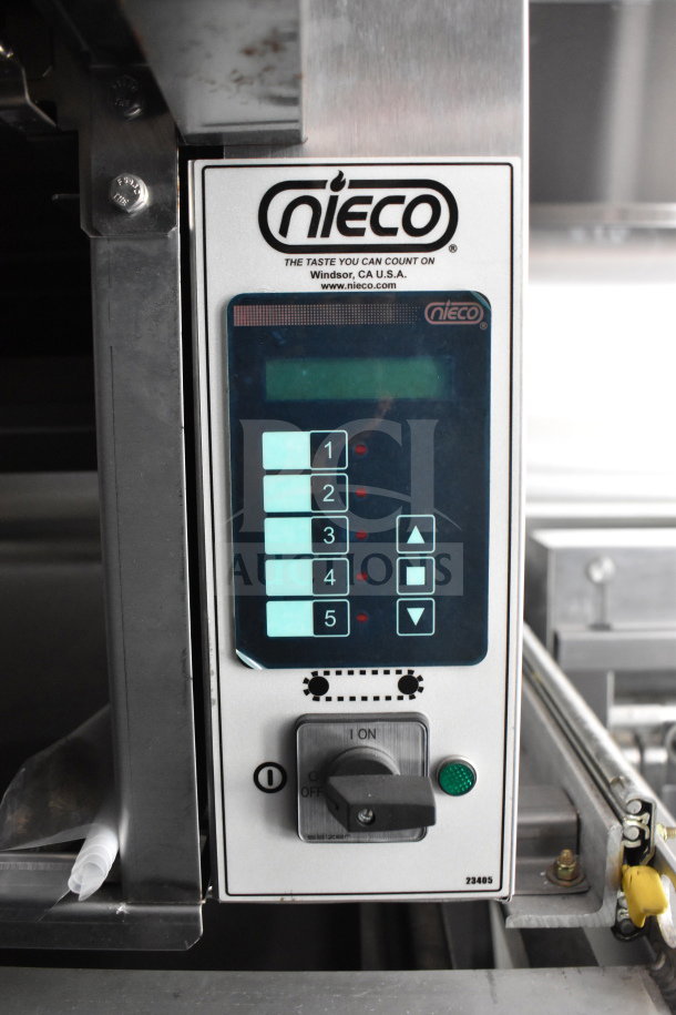 Nieco charbroiler control panel with numbered buttons, power switch, and branding. Located in new 2021 Rock Solid Cargo food trailer.