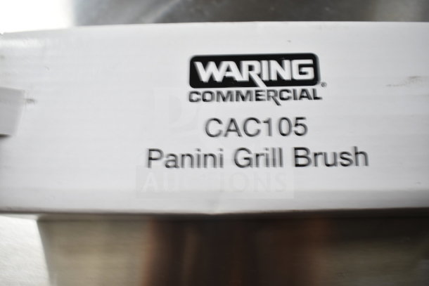 Close-up of a Waring Commercial CAC105 Panini Grill Brush label on a box, showcasing product details.