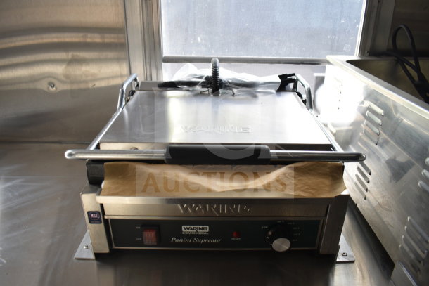 Waring Commercial Panini Supremo grill in stainless steel, part of the equipment in the 2021 Rock Solid Cargo food trailer.