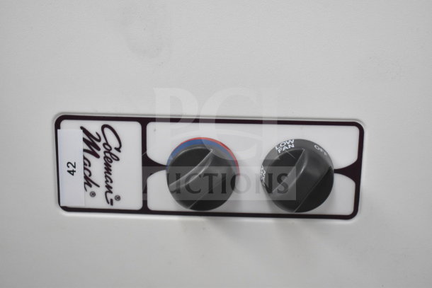 Close-up of Coleman-Mach control panel for fan settings on a 2021 Rock Solid Cargo food trailer.