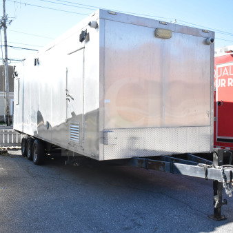 Alt text: 2021 Texino 28ft Triple-Axle Cooking Trailer, equipped with Ultrafryer Ultrastat23, CaptiveAire Hood, True Refrigeration.