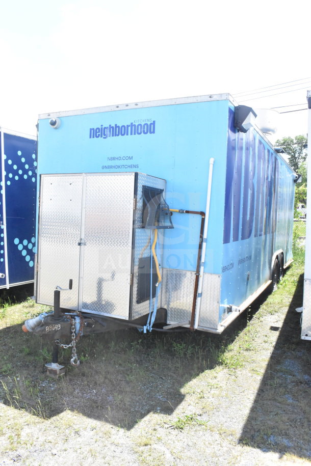 2020 Diamond Cargo 8.5'x24' food trailer in blue, labeled "neighborhood." Features external utility hookups. VIN 53NBE2422L1083693.