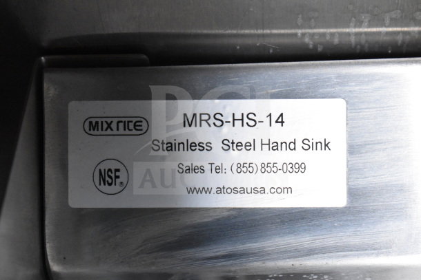 Label on stainless steel hand sink, model MRS-HS-14 by Mix Rite. Displays NSF logo and contact info for Atosa USA.