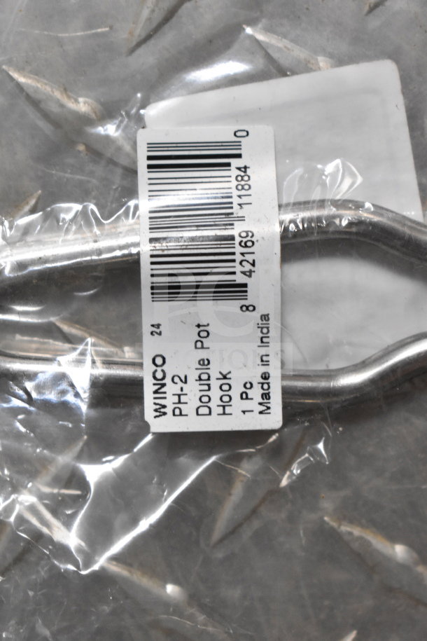 Clear plastic packaging with a metal Winco PH-2 Double Pot Hook, barcoded label, made in India.