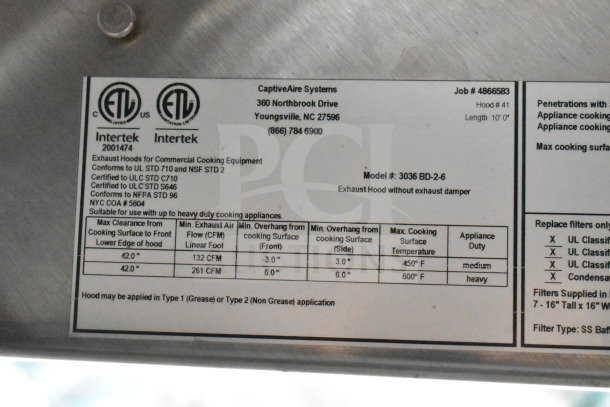 CaptiveAire grease hood label showing model 3036 BD-2-6, with dimensions, certifications, and installation guidelines.