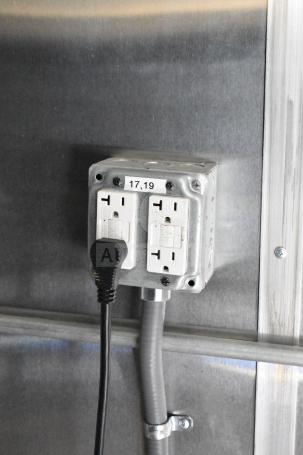 Electrical outlet in a 2021 Cruising Kitchens food trailer with labeled circuits 17, 19.