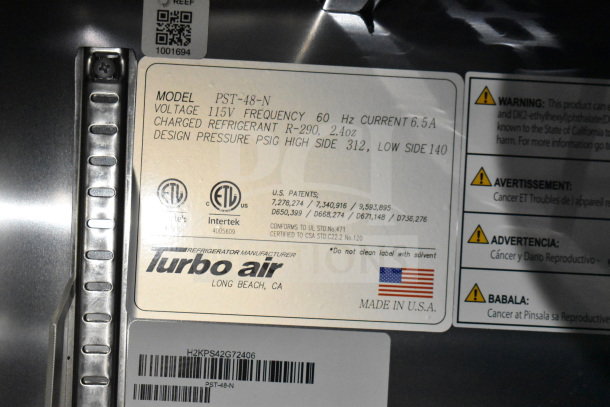 "Turbo Air refrigerator label, Model PST-48-N, 115V, 60Hz, charged refrigerant R-290. Made in USA with Intertek certification."