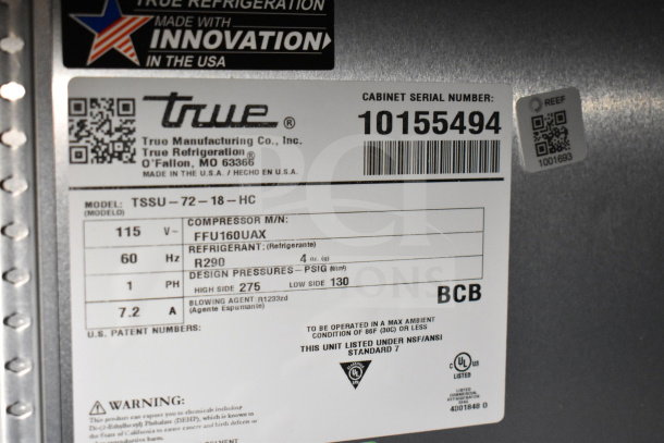 Label on a True refrigeration unit, model TSSU-72-18-HC, serial 10155494. Includes specifications and safety warnings.