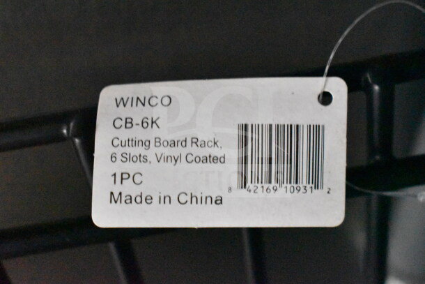 Alt text: Winco CB-6K cutting board rack tag, 6 slots, vinyl coated, made in China, barcode visible.