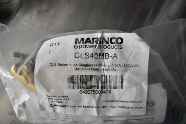 Transparent packaging of Marinco CLS40MB-A power connector, 400A/600V, 4/0 AWG, male, black. Label includes product and warning details.