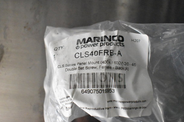 Packaging of Marinco Power Products CLS40FRB-A, labeled for a CLS Series panel mount, 400A/600V, female, black.