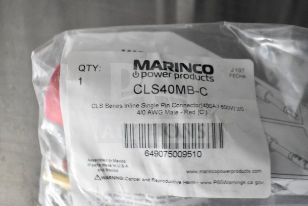 Marinco CLS40MB-C inline single pin connector, 400A/600V, red, quantity 1, assembled in Mexico, barcode 649075009510.