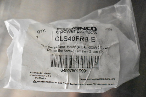 Plastic package labeled "Marinco Power Products CLS40FRB-E," with specifications and barcode.