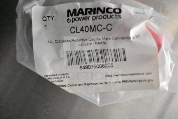 Clear plastic packaging containing a Marinco CL40MC-C protective cap for male connections, 25' lanyard, red.