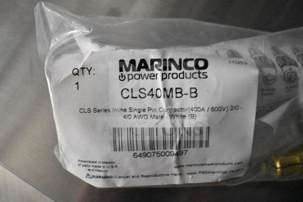 Bag labeled "Marinco Power Products CLS40MB-B" for CLS Series Inline Single Pin Connector, 400A/600V, 4/0 AWG.