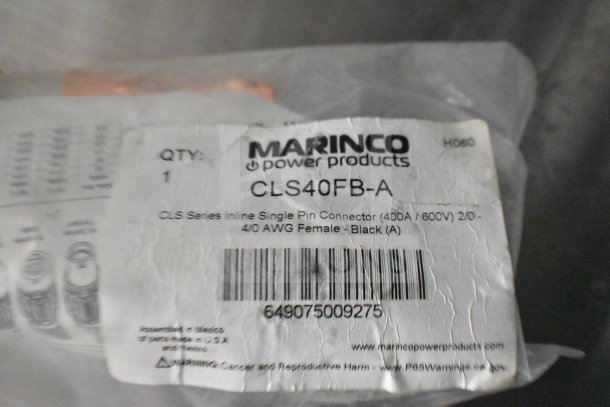 Alt text: Marinco power products label, Model CLS40FB-A, Inline Single Pin Connector, 400A/600V, 4/0 AWG Female, Black.