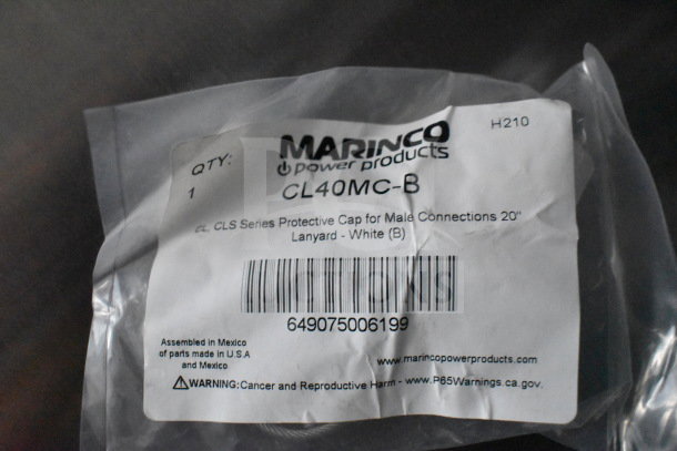 Plastic packaging with label "Marinco Power Products, CL40MC-B, CLS Series Protective Cap, Assembled in Mexico."