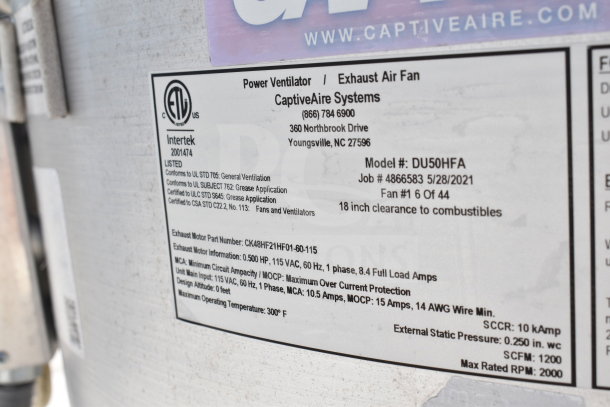 2021 Cruising Kitchens 8.5'x24' Food Trailer label showing CaptiveAire Systems model DU50HFA specifications and UL certifications.