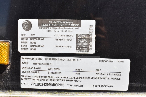 Label on 2021 Cruising Kitchens 8.5'x24' food trailer, showing VIN 7PLBC2429MM000193, tire specs, and manufacturing details.
