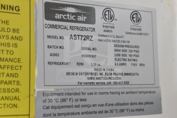Arctic Air Commercial Refrigerator label, Model AST72RZ, serial H20007437, 115V, 4.3 amps, R290 refrigerant.