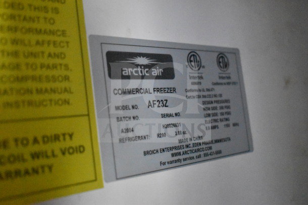 Label on an Arctic Air commercial freezer, model AF23Z. Details include batch A2004, serial H20026831, refrigerant R290.