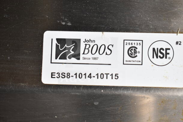 John Boos label on food trailer equipment, model E3S8-1014-10T15, includes CSA and NSF sanitation marks.