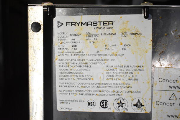 "Frymaster label with details for SR152GP model, gas propane, B.T.U. rating of 120,000, and design certifications visible."