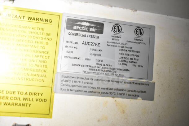 2021 Diamond Cargo 8.5'x24' food trailer label with Arctic Air freezer model AUC27FZ, serial H20081986, R290 refrigerant.