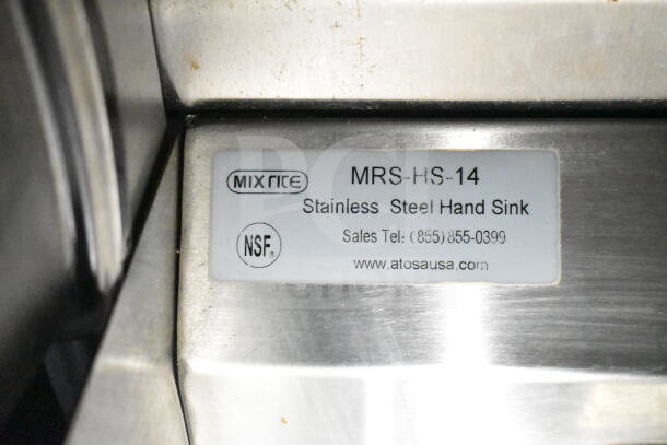 Label on stainless steel hand sink, model MRS-HS-14, NSF certified by Mix Rite, with contact and website details.