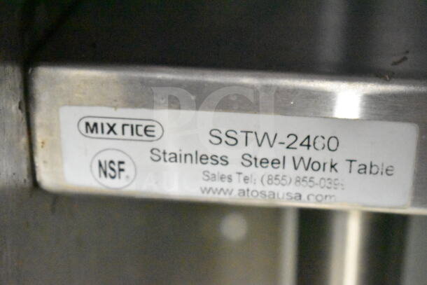 Stainless steel work table label, MixRite SSTW-2460 model, NSF certified, contact info for Atosa USA included.