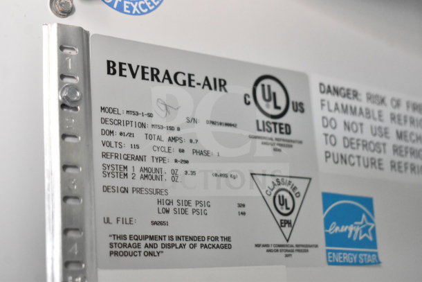 2021 Diamond Cargo 8.5'x24' trailer label, featuring Beverage-Air model info, UL listed, refrigerant details, and Energy Star logo.