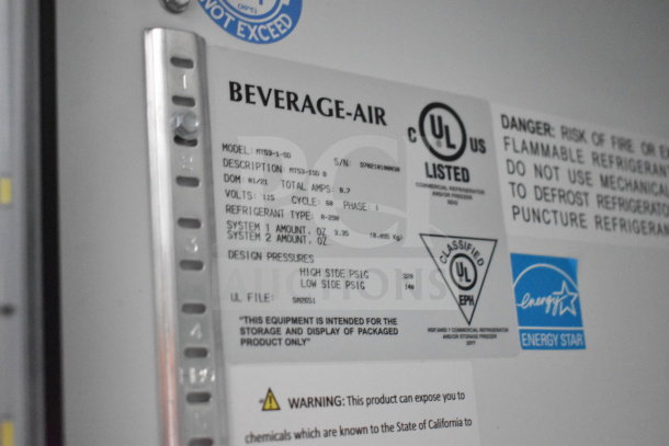 Label on Diamond Cargo cold beverage trailer, model MT53-1-SD, featuring UL and Energy Star certifications, and safety warnings.