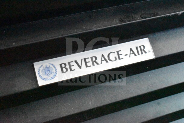 Close-up of Beverage-Air branding on black surface of 2021 Diamond Cargo cold food/beverage trailer.