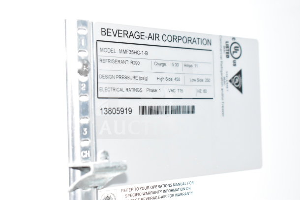 Beverage-Air Corporation label showing model MMF35HC-1-B, refrigerant R290, electrical ratings, and manufacturing details.