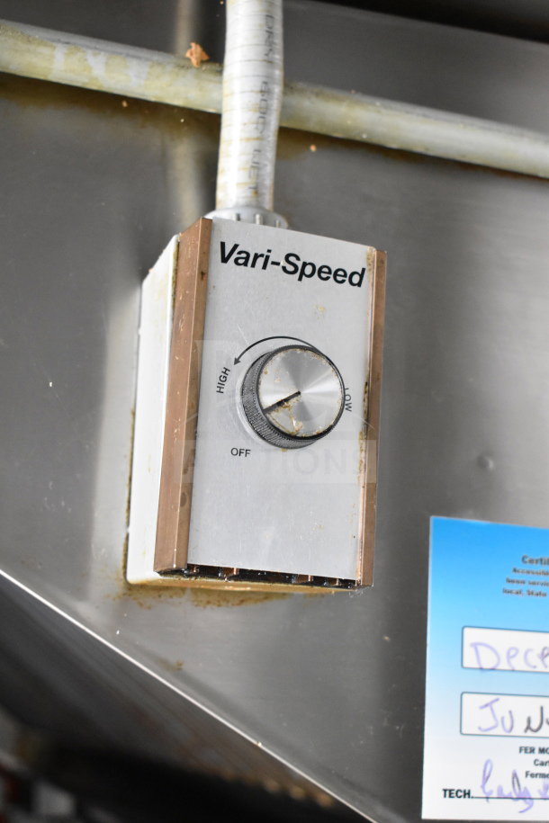 Control knob labeled "Vari-Speed" in a 2019 Diamond Cargo 8.5'x24' food trailer, featuring grease hood and suppression system.