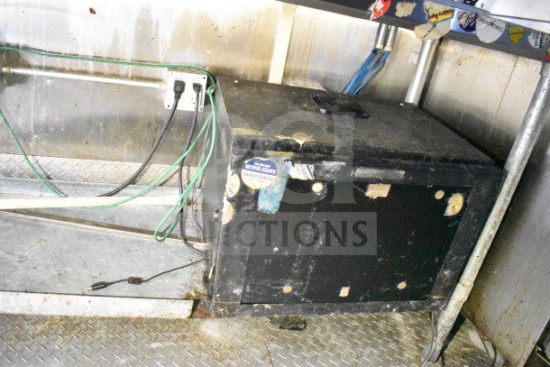 2019 Diamond Cargo 8.5'x24' food trailer interior showing grease hood, suppression system, refrigeration unit, wiring, and outlets.