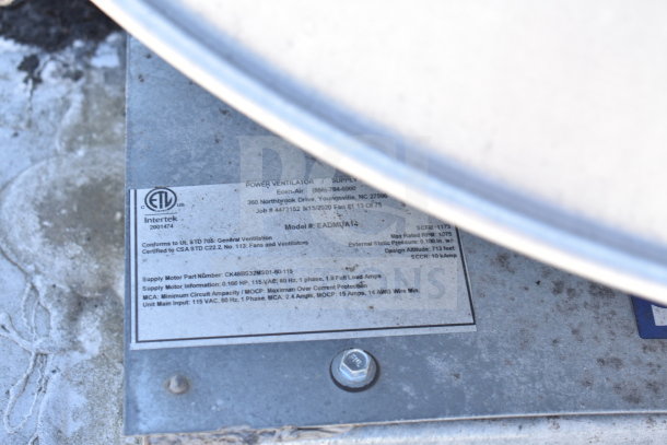 ETL label on Intertek power ventilator, model EADMUA14, showing technical specifications and compliance details.