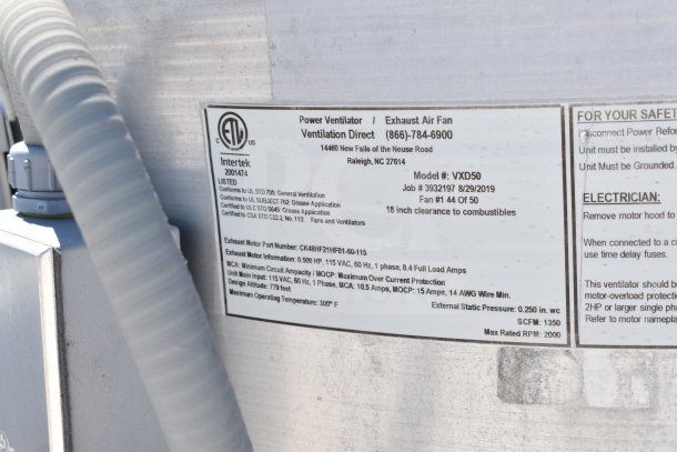 2019 Diamond Cargo 8.5'x24' food trailer label showing ventilation details, model VXD50, and safety instructions.
