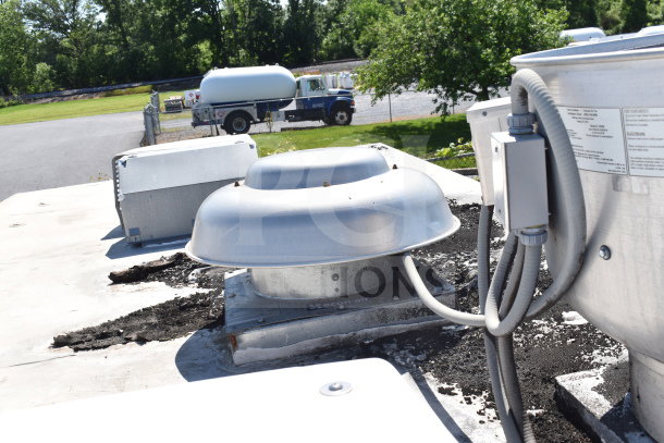 Roof view of 2019 Diamond Cargo 8.5'x24' food trailer with grease hood, featuring exhaust fan and wiring components.