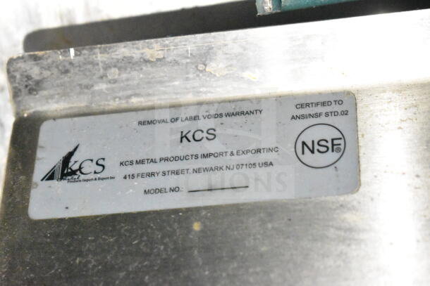 Label on 2020 LGS TX food trailer shows NSF certification and KCS Metal Products info, relevant for warranty and compliance.