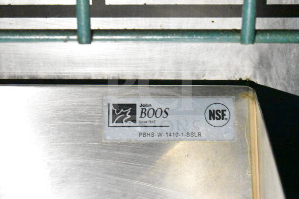 John Boos PBHS-W-1410-1-SSLR label on metal; includes NSF certification mark.