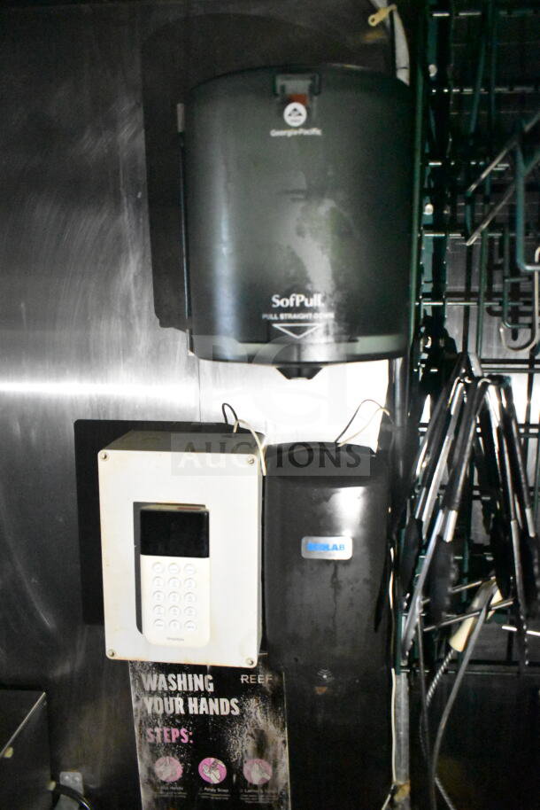 2020 LGS TX food trailer with interior view of hygiene station; shows Georgia-Pacific SofPull dispenser, Ecolab soap dispenser, and handwashing instructions.