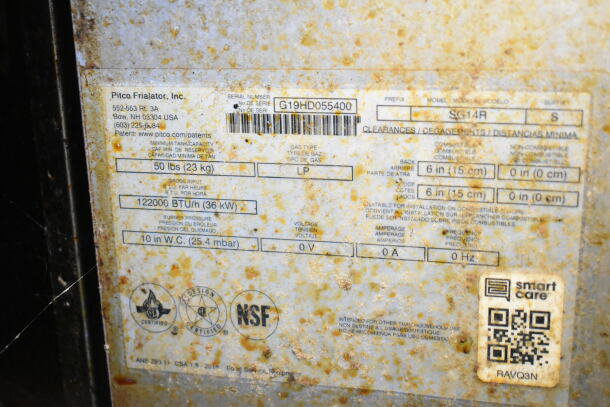 Label on a Pitco Frialator showing model SG14R, serial number G19HD055400. Includes technical specs and NSF certification.