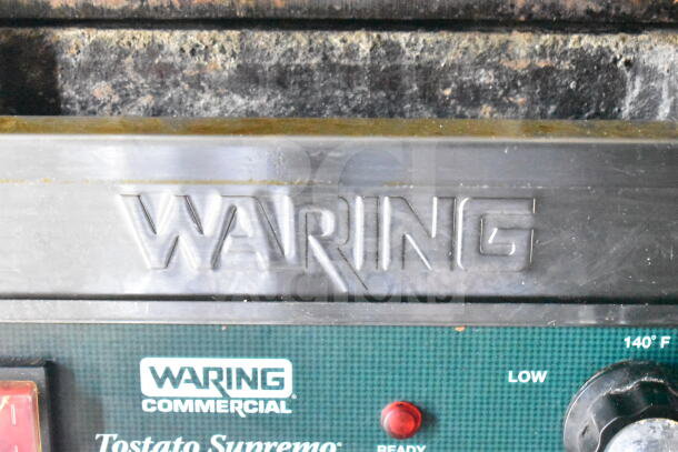 Waring Commercial Toastato Supremo label on industrial kitchen equipment, featuring temperature and control settings.