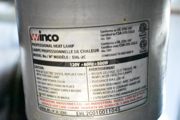 Label on Winco Professional Heat Lamp, Model EHL-2C, 120V, 60Hz, 500W. Includes safety warnings and certification details.