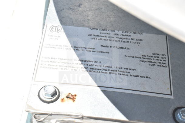 Label on the power ventilator of a 2020 LGS TX food trailer details model EADMUA14, motor specs, and compliance certifications.