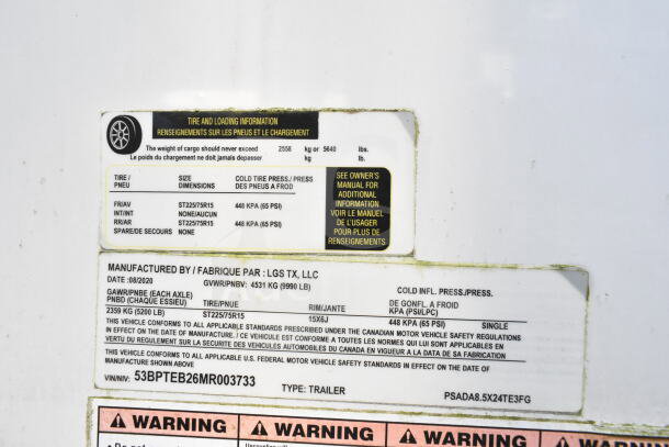 2020 LGS TX 8.5'x24' food trailer label showing tire and loading info, VIN 53BPTEB26MR003733, and manufacturing details.